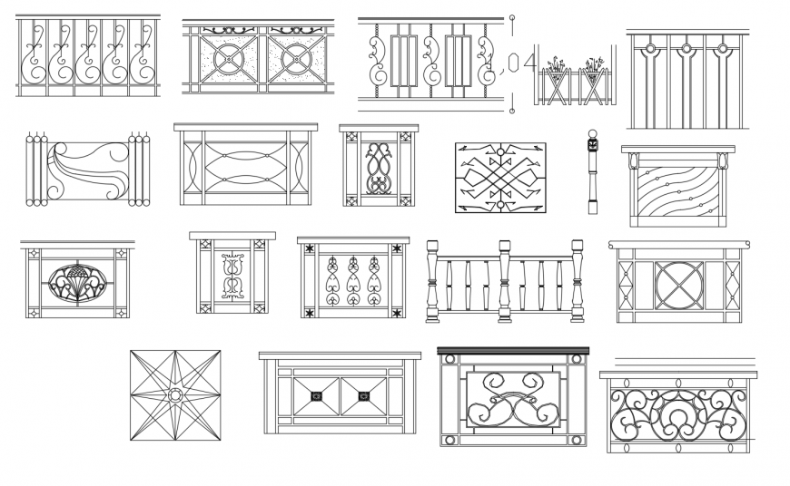 Multiple staircase railing and balcony railing blocks cad drawing details dwg file