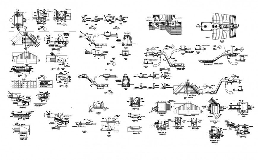 Multiple staircases sections and constructive structure cad drawing details dwg file
