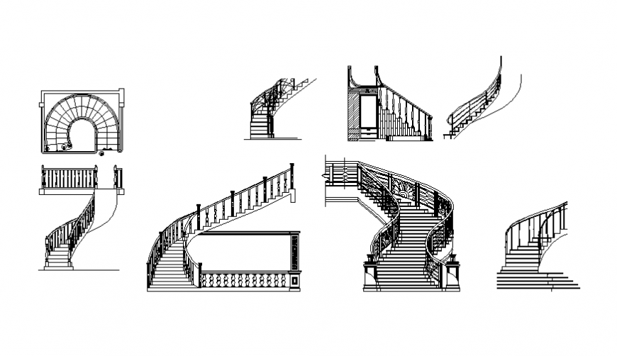 Multiple stairs and spiral stairs blocks cad drawing details dwg file