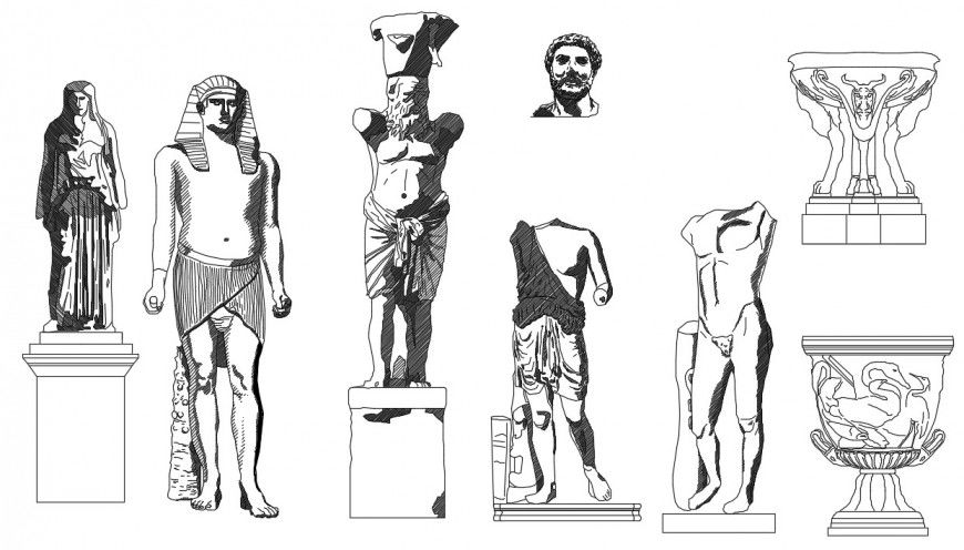 Multiple statue and sculpture elevation blocks drawing details dwg file