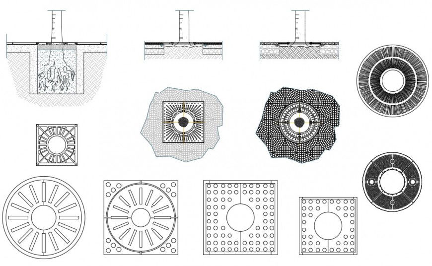 Multiple street grill for tree planting cad drawing details dwg file