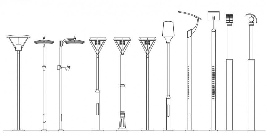 Multiple street light elevation blocks drawing details dwg file