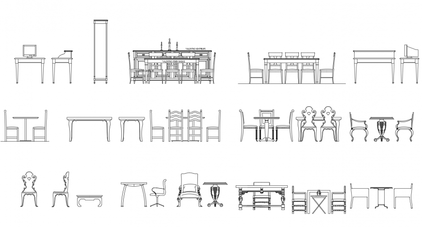 Multiple table and chair elevation 2d blocks cad drawing details dwg file