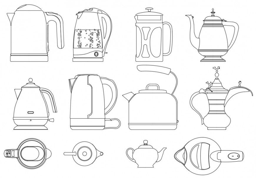Multiple teapot kettle elevation blocks drawing details dwg file