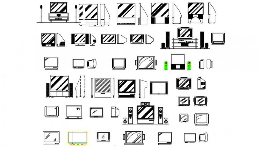 Multiple television and electric equipment blocks drawing details dwg file