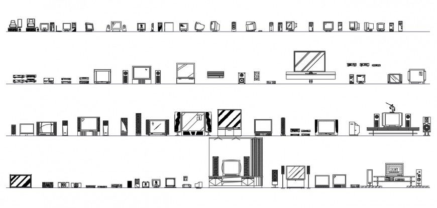 Multiple television and sound system equipment blocks cad drawing details dwg file