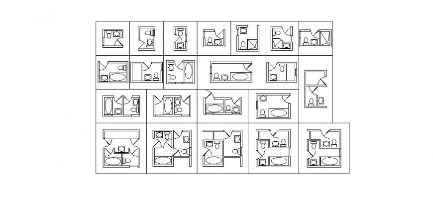 Multiple toilet plans details for apartment building dwg file