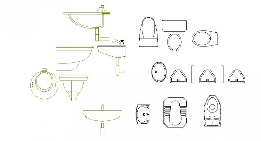 Multiple toilet sheet, sink and sanitary equipment blocks details dwg file