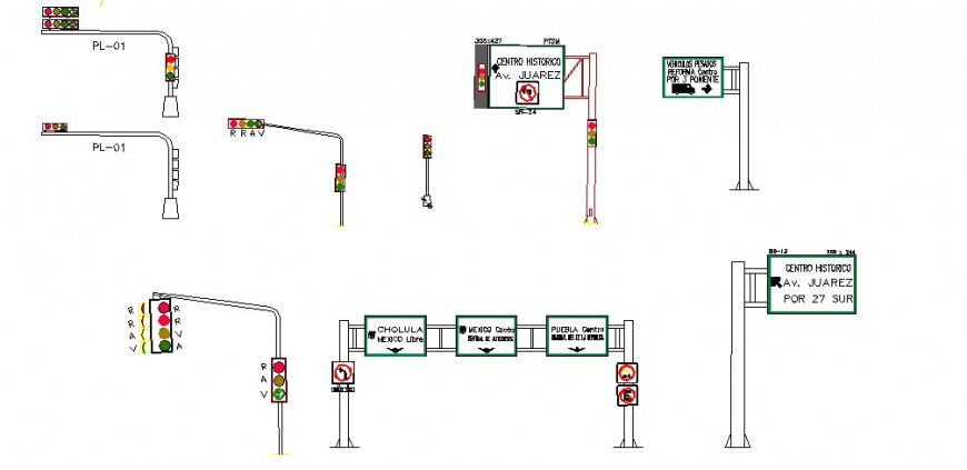 Multiple traffic lights and board symbol blocks cad drawing details dwg file