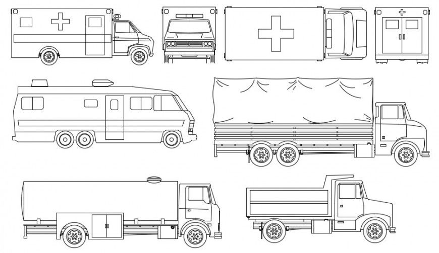 Multiple transport truck, ambulance and bus elevation blocks details dwg file