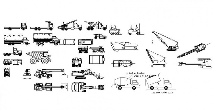 Multiple transportation and construction vehicle blocks dwg file