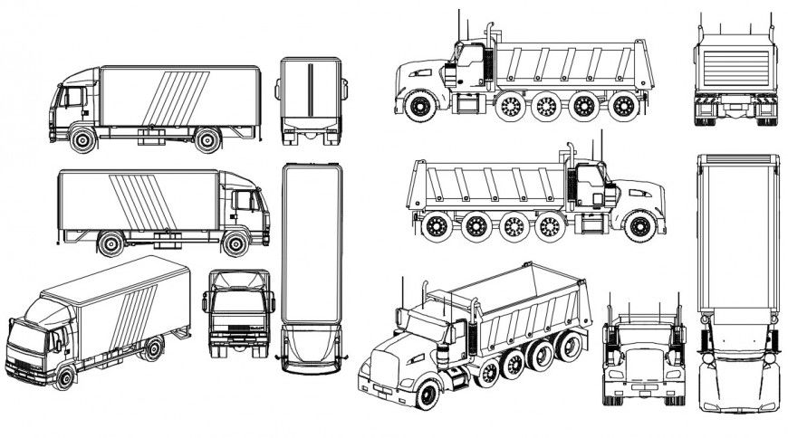 Multiple transportation truck all sided elevation blocks drawing details dwg file