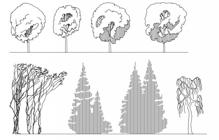 Multiple tree elevation sketch blocks drawing details dwg file