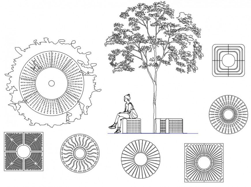 Multiple tree grills and tree elevation block cad drawing details dwg file
