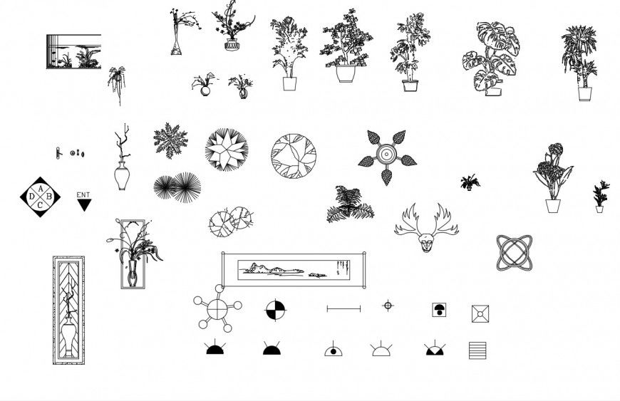 Multiple tree plants, vase and decorative blocks drawing details dwg file