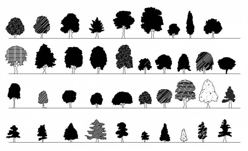 Multiple trees front elevation cad block details dwg file