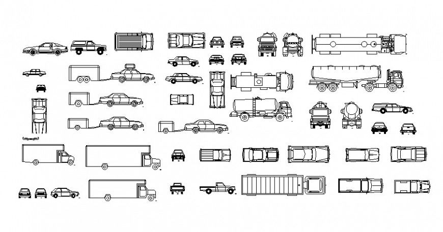 Multiple trucks, cars and vehicle blocks cad drawing details dwg file