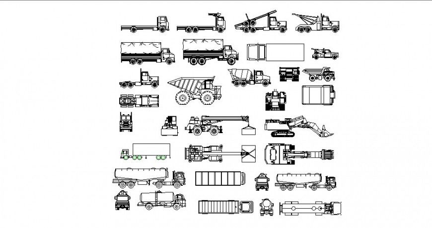 Multiple trucks and transportation vehicles cad drawing details dwg file