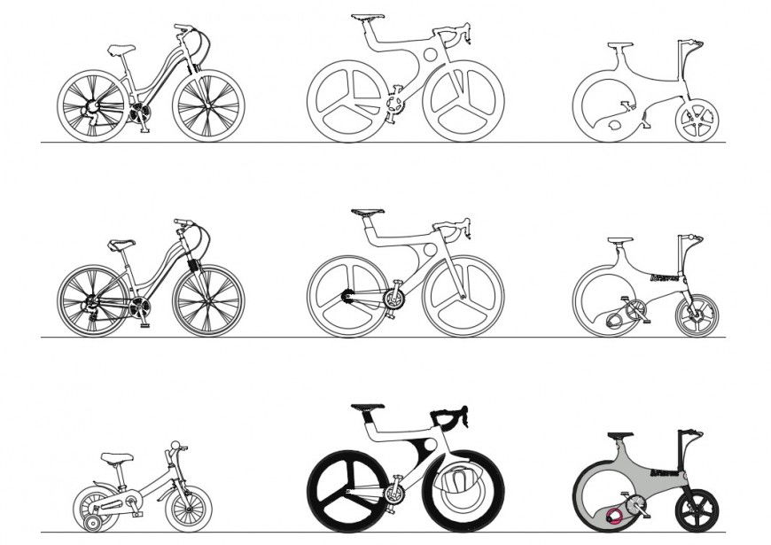 Multiple urban bicycle elevation blocks cad drawing details dwg file