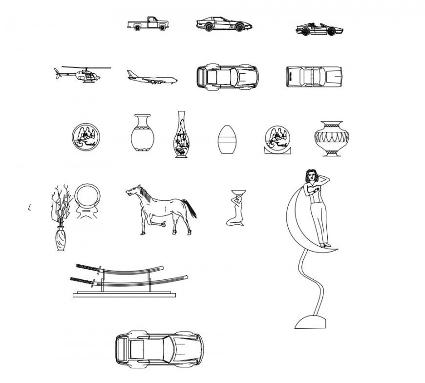 Multiple vehicles and household elevation blocks cad drawing details dwg file