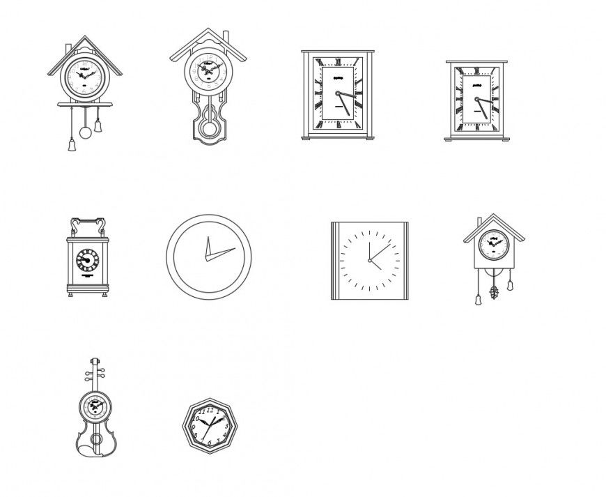 Multiple wall clocks 2d elevation blocks drawing details dwg file
