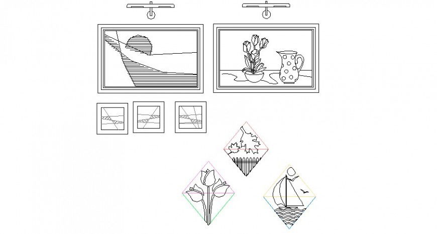 Multiple wall paintings elevation blocks cad drawing details dwg file