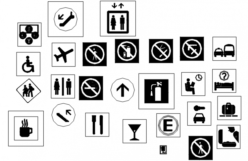 Multiple warning and direction symbols cad drawing details dwg file