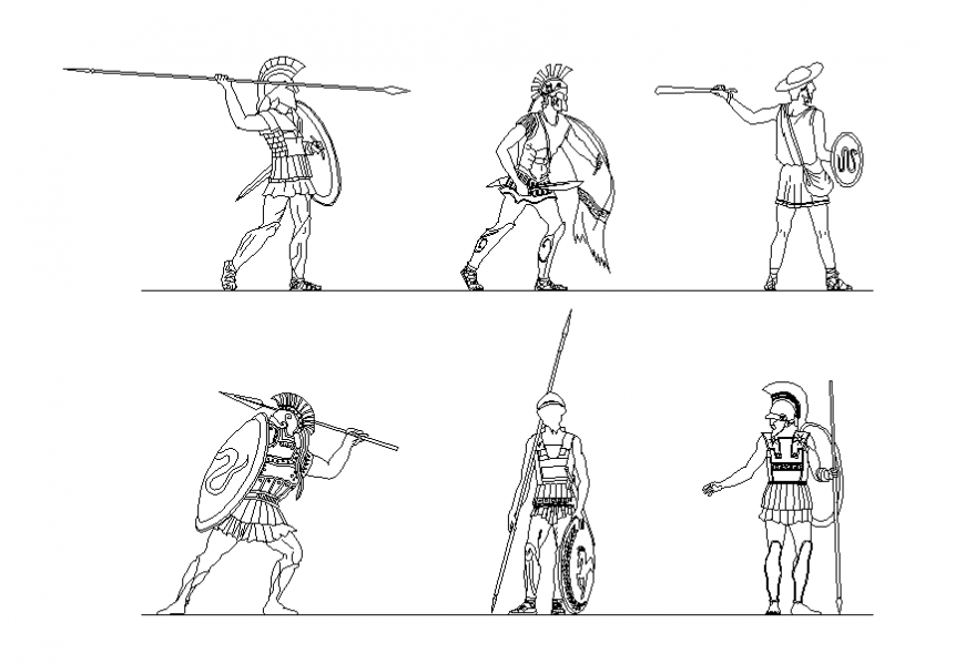 Multiple warriors people act blocks cad drawing details dwg file