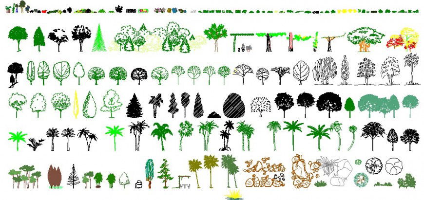 Multiple wild tree and plants elevation blocks cad drawing details dwg file