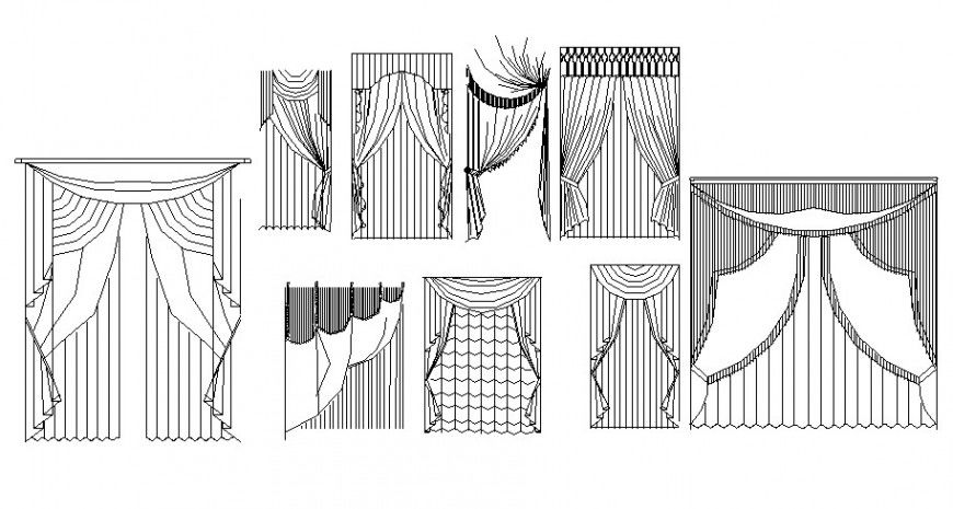 Multiple window curtains elevation blocks details dwg file