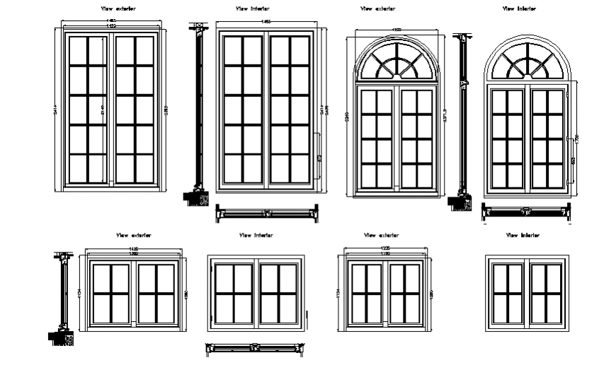 Multiple window elevation blocks with supportive wall cad drawing details dwg file