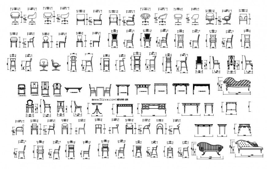 Multiple wooden chairs and table elevation blocks cad drawing details dwg file