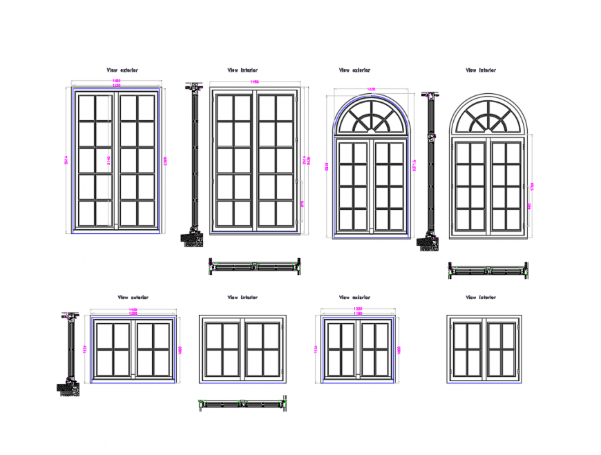 Multiple wooden windows cad blocks design details with frame dwg file