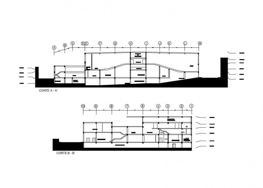 Multiplex theater facade and back section details dwg file
