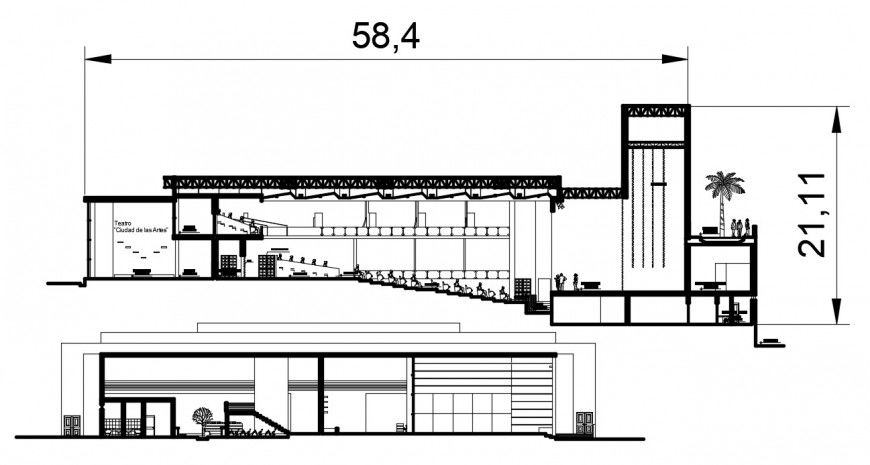 Multiplex theater front and back section 2d drawing details dwg file