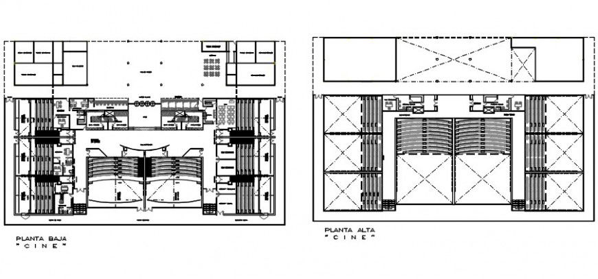 Multiplex theater ground and first floor distribution plan drawing details dwg file