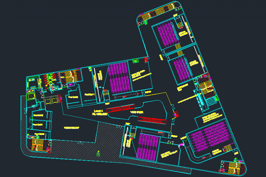 Multiplex theater with four screens distribution plan cad drawing details dwg file