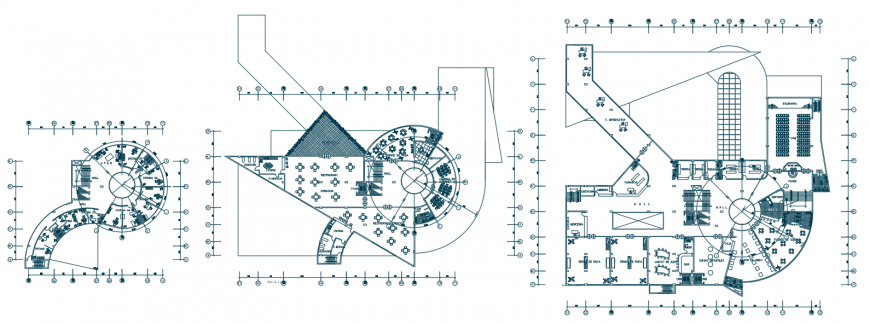 Multistorey circular restaurant layout plan drawing in dwg AutoCAD file.