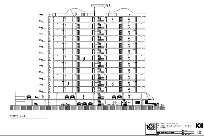 Multistory apartment building section drawing in dwg file.