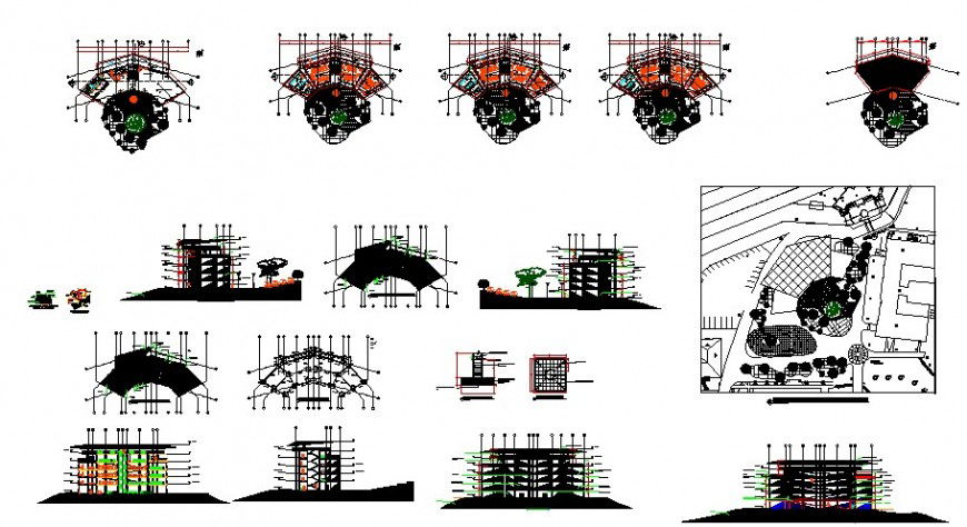 Multistory high rise building details plan elevation and section autocad file