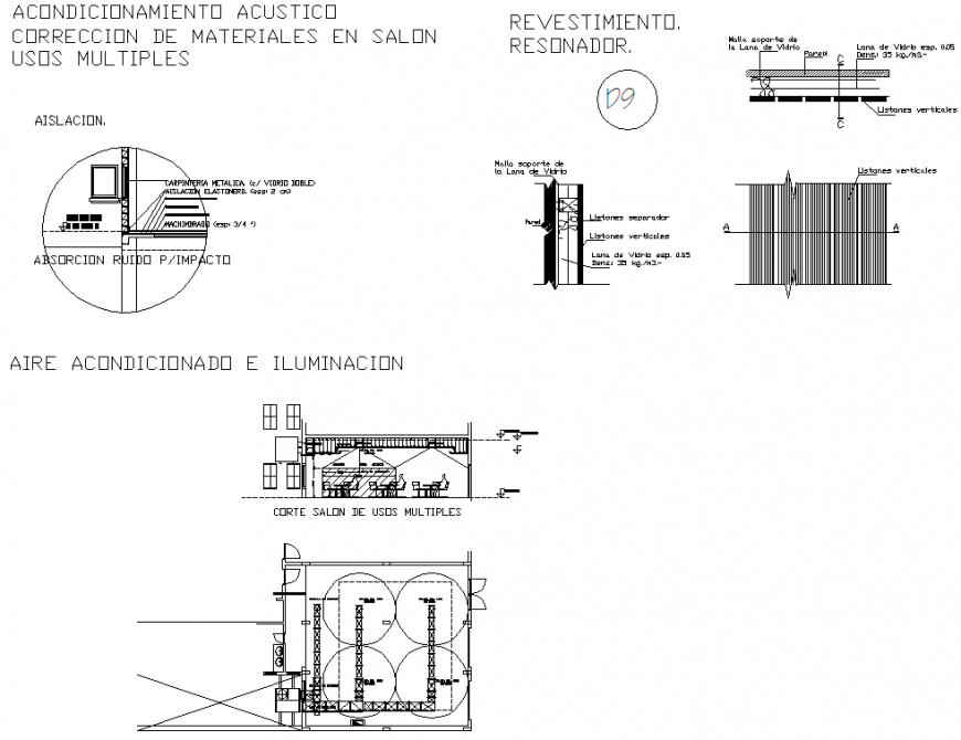 Multiuse room acoustic insulation plan and section autocad file