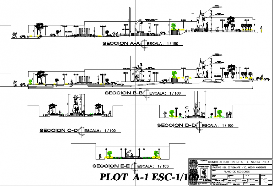 Municipal garden section drawing in dwg AutoCAD file.