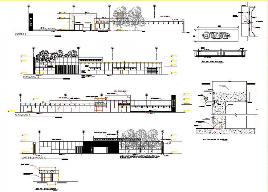 Municipal hospital internal wall elevation drawing in dwg AutoCAD file.