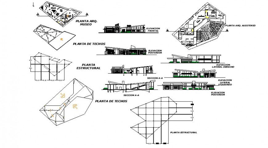 Museum and auditorium plan elevation and section view in auto cad