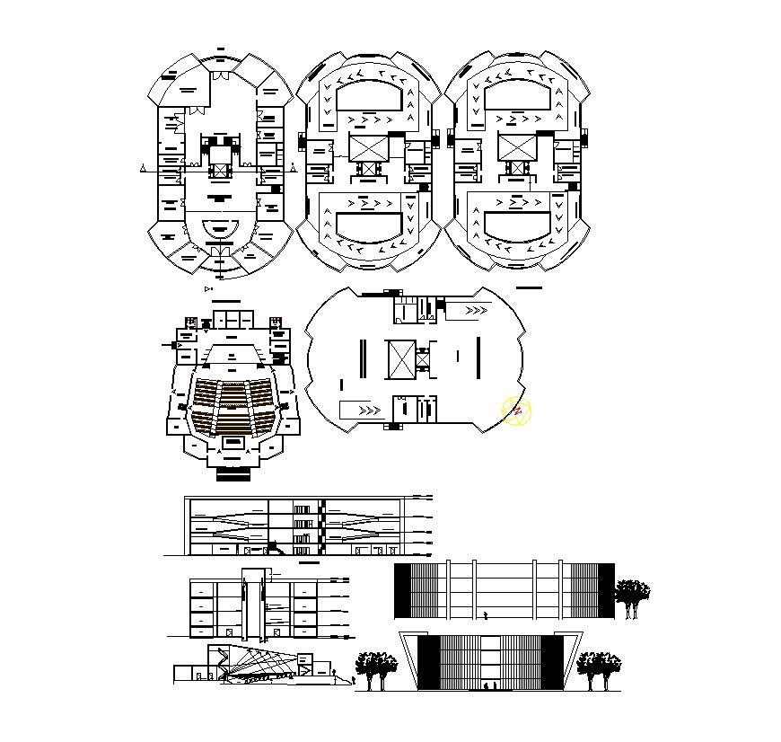 Museum building plan elevation and sectional drawing in Autocad