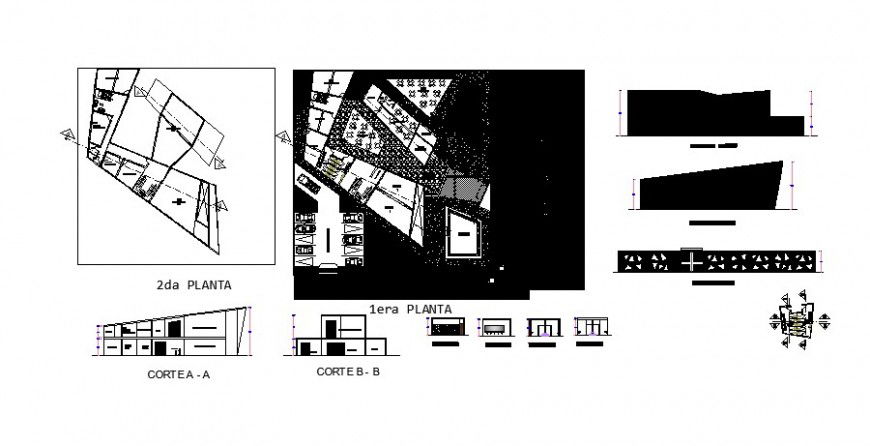 Museum floor plan elevation and section view in auto cad