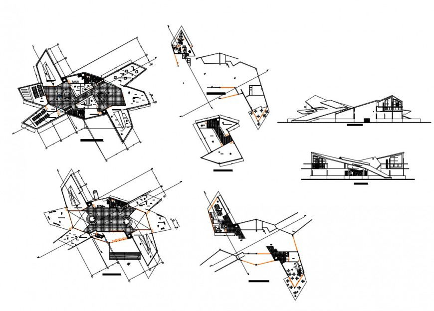 Museum of modern art-elevation, section and floor plan details dwg file