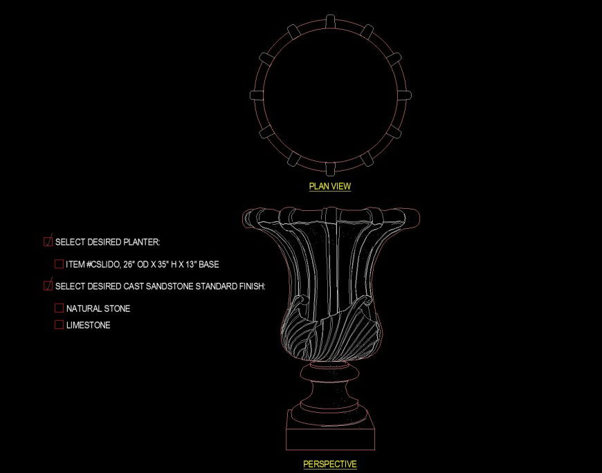 Narrow lamp type pedestal planter drawing in dwg file.