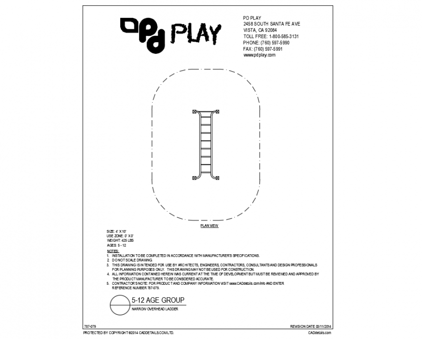 Narrow over head ladder play equipment details of garden dwg file