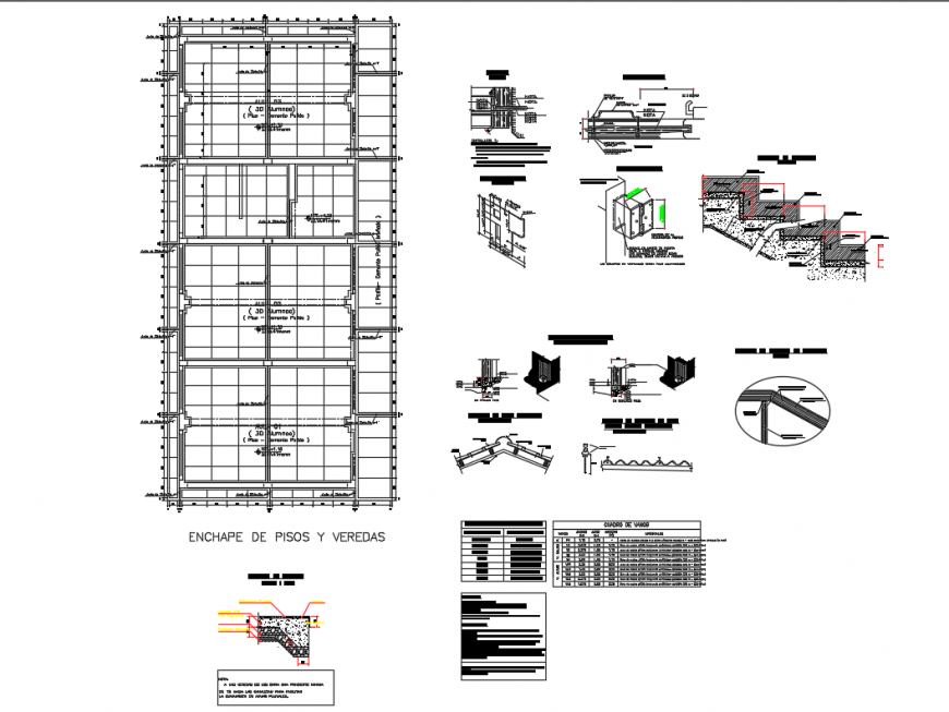 National college several constructive details with veneer floors and sidewalks dwg file